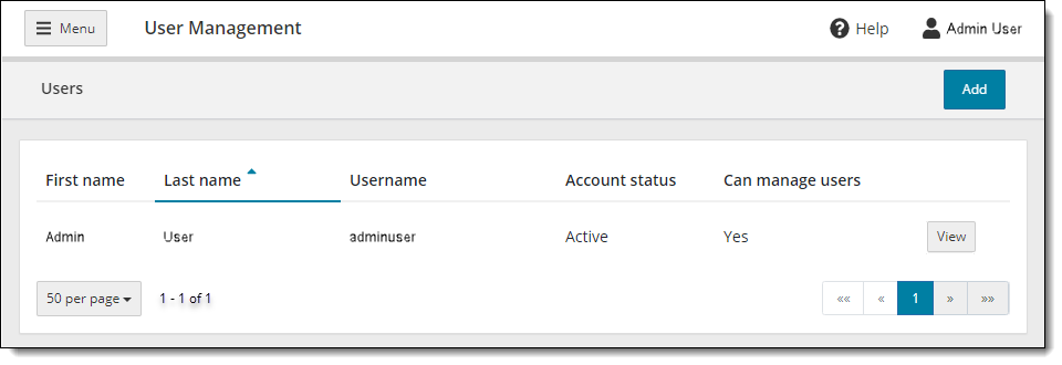 User Management list with only the first user.